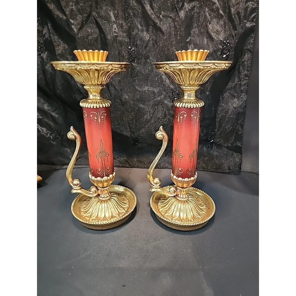 Vintage Dilly Gilt Candle Holders Made In USA Red Patina 10